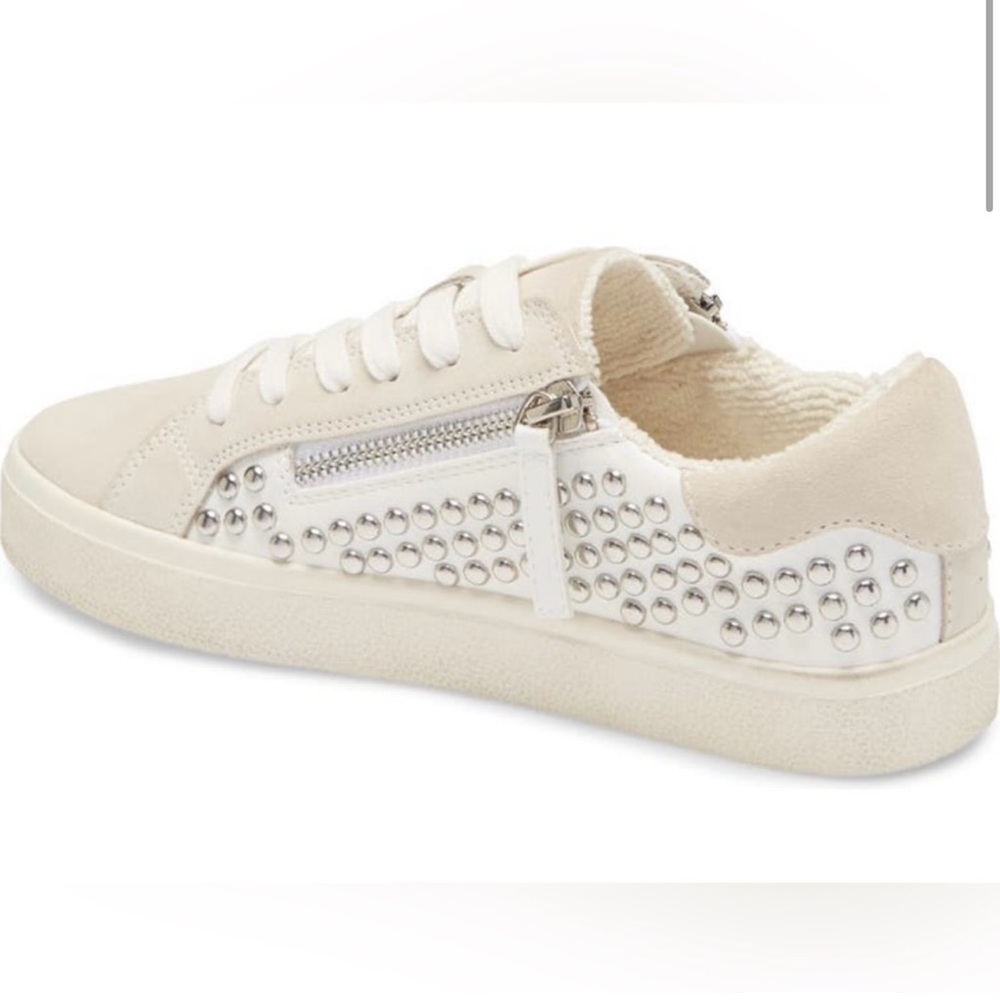 Cream Studded‎ Low-Top Sneakers with Suede Finish - Picture 2 of 9